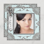 Invitation Turquoise bleu et argent Photo Sweet 16 Anniversai (Devant / Derrière)