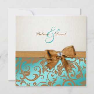 Invitation Turquoise bleu et caramel Damas avec arc en diaman