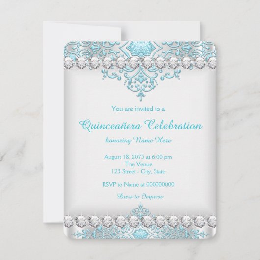 Invitation Turquoise Bleu et Diamant Argent Quinceañera (Devant)