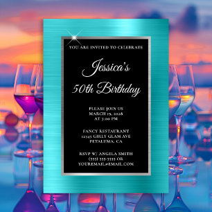 Invitation Turquoise Bleu et Feuille d'Argent Noir 50e Annive