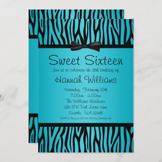 Invitation Turquoise bleu et noir Zebra Bow Sweet 16 Annivers (Devant / Derrière)