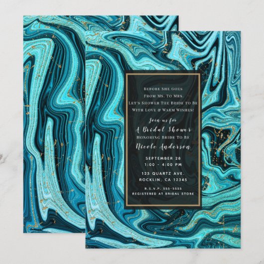 Invitation Turquoise Bleu et Or Chic Tourbillon Mariage Moder (Devant / Derrière)