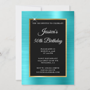 Invitation Turquoise Bleu et Or Feuille Noir 50e Anniversaire