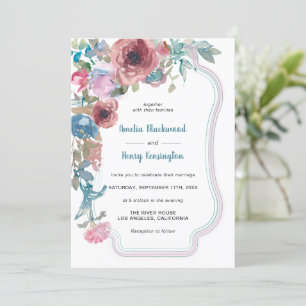 Invitation Turquoise bleu et rose Aquarelle Mariage Floral