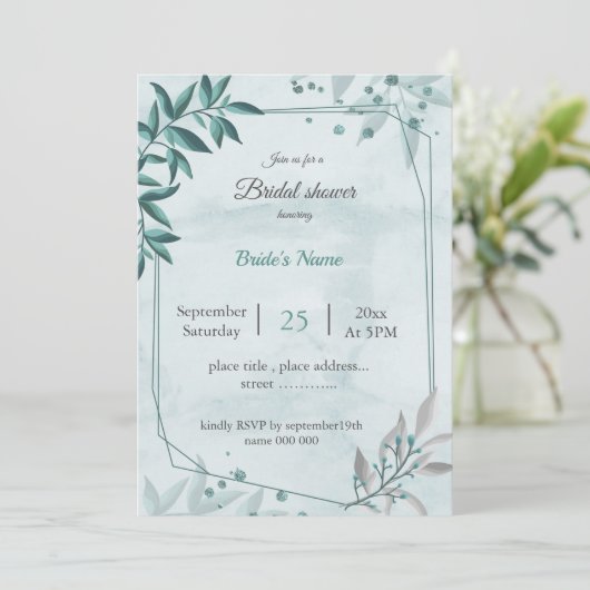 Invitation turquoise bleu feuille fleuri géométrique douche n (Debout devant)
