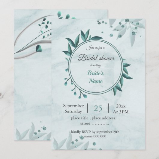 Invitation turquoise bleu feuille fleurie douche à nuptiale (Devant / Derrière)