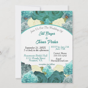 Invitation Turquoise Bleu Floral et Rose Mariage élégant
