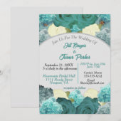 Invitation Turquoise Bleu Floral et Rose Mariage élégant (Devant / Derrière)