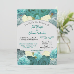 Invitation Turquoise Bleu Floral et Rose Mariage élégant