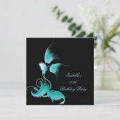 Invitation Turquoise Bleu Floral Papillon noir fête d'anniver (Debout devant)