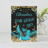 Invitation Turquoise Bleu Haut talons Or Étincelle Anniversai (Debout devant)