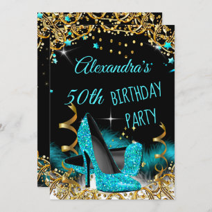 Invitation Turquoise Bleu Haut talons Or Étincelle Anniversai