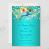 Invitation Turquoise bleu Jaune or palmiers fleuris Anniversa (Devant)