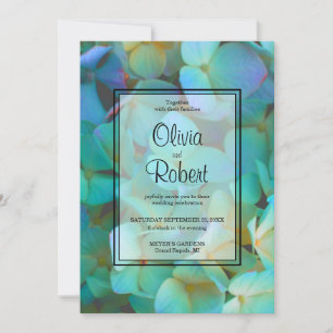 Invitation Turquoise bleu jaune rose hydrangée fleurs