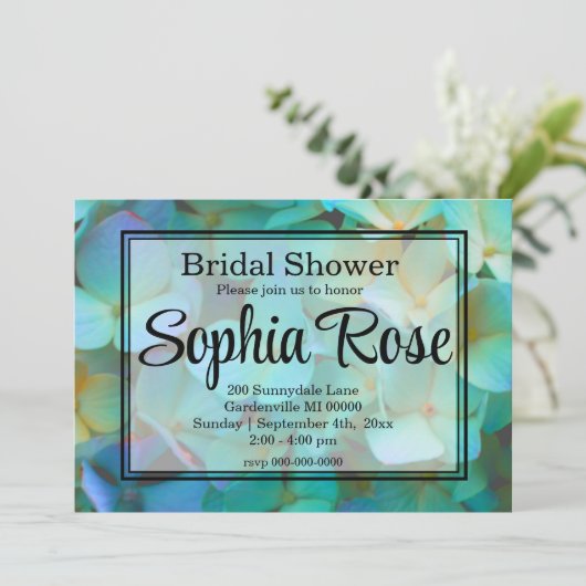 Invitation Turquoise bleu jaune rose hydrangée fleurs (Debout devant)