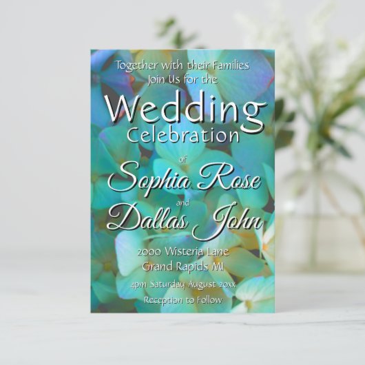 Invitation Turquoise bleu jaune rose hydrangée fleurs florale (Debout devant)