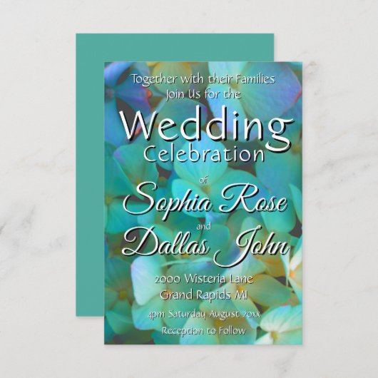 Invitation Turquoise bleu jaune rose hydrangée fleurs florale (Devant / Derrière)