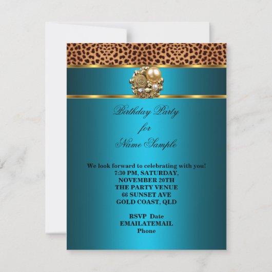 Invitation Turquoise bleu léopard or Elégant noir Anniversair (Dos)