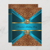 Invitation Turquoise bleu léopard or Elégant noir Anniversair (Devant / Derrière)