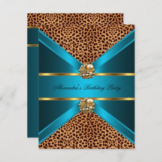 Invitation Turquoise bleu léopard or Elégant noir Anniversair (Devant / Derrière)