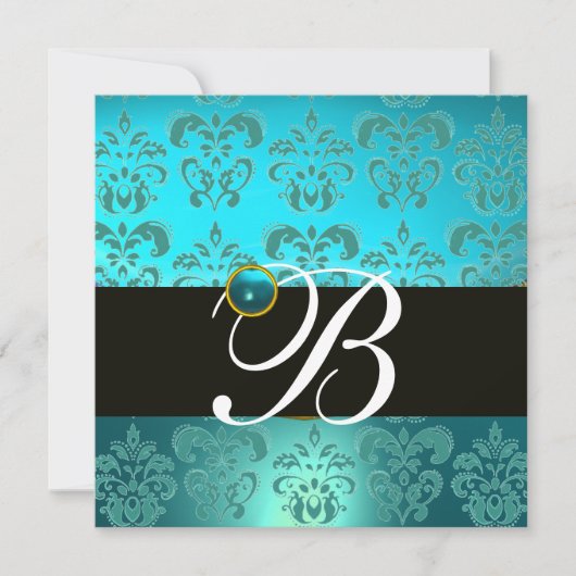 Invitation TURQUOISE BLEU NOIR DAMAS MONOGRAMME , aigue-marin (Devant)