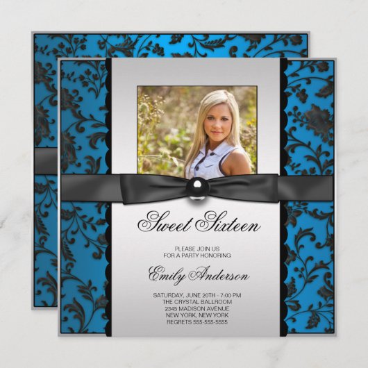 Invitation Turquoise Bleu Noir Damas Photo Sweet 16 Party (Devant / Derrière)