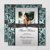 Invitation Turquoise Bleu Noir Damas Photo Sweet 16 Party (Devant / Derrière)