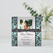 Invitation Turquoise Bleu Noir Damas Photo Sweet 16 Party (Debout devant)
