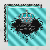 Invitation Turquoise Bleu Noir Damas Prince Bébé Garçon Douch (Devant / Derrière)