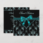 Invitation Turquoise Bleu Noir Damas Sweet 16 Party (Devant / Derrière)