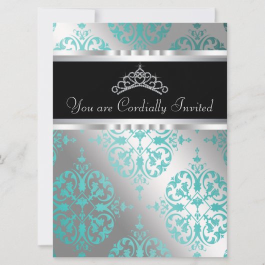 Invitation Turquoise Bleu Noir Damas Tiara Turquoise Quincean (Devant)