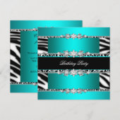 Invitation Turquoise Bleu Noir Zèbre Blanc Bijou Anniversaire (Devant / Derrière)