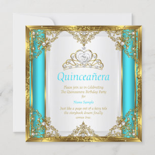 Invitation Turquoise Bleu Or Blanc Perle Princesse Quinceaner