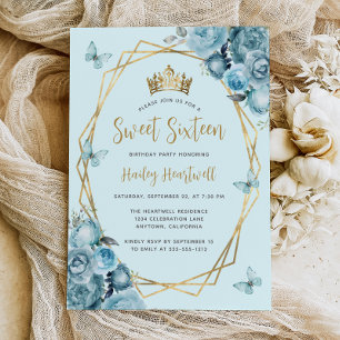 Invitation Turquoise Bleu Or Géométrique Floral Sweet 16