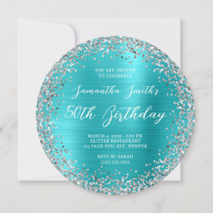 Invitation Turquoise Bleu Pailleté Argent 50e Anniversaire