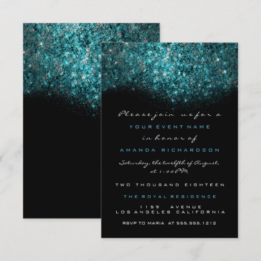 Invitation Turquoise Bleu Pailleté Glitter Noir Blanc Officia (Devant / Derrière)
