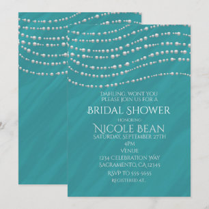 Invitation Turquoise Bleu & Perles Élégant Shower de Mariée