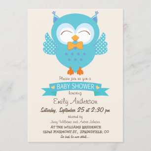 Invitation Turquoise Bleu & Purple Boy Owl Baby shower