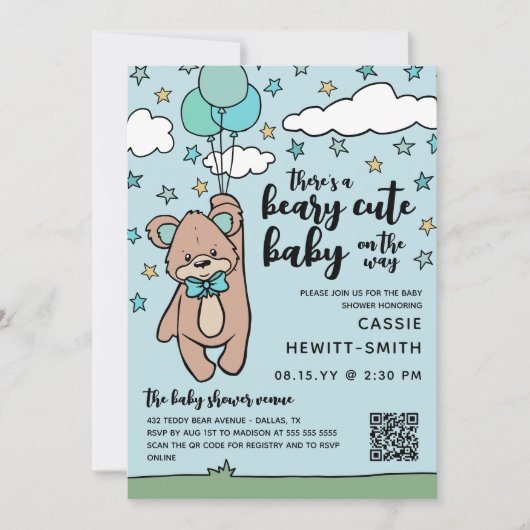Invitation Turquoise Bleu QR Code Beary Cute Boy Baby shower (Devant)