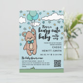 Invitation Turquoise Bleu QR Code Beary Cute Boy Baby shower (Debout devant)