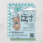 Invitation Turquoise Bleu QR Code Beary Cute Boy Baby shower (Devant / Derrière)