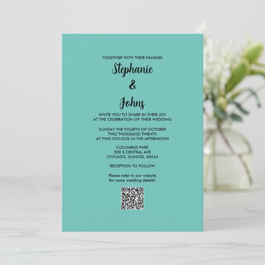 Invitation Turquoise bleu QR Code noir Script simple Mariage (Debout devant)