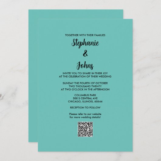 Invitation Turquoise bleu QR Code noir Script simple Mariage (Devant / Derrière)