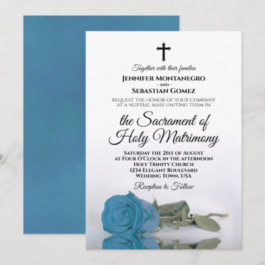 Invitation Turquoise Bleu Rose Chic Mariage catholique modern (Devant / Derrière)