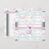 Invitation Turquoise bleu rose Coeur blanc rose Croix rose Pr (Devant / Derrière)