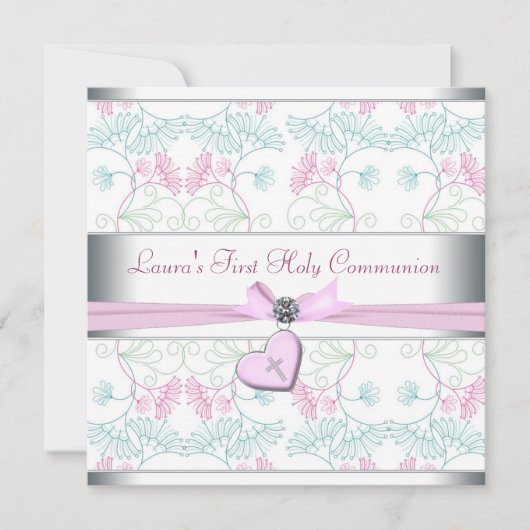 Invitation Turquoise bleu rose Coeur blanc rose Croix rose Pr (Devant)