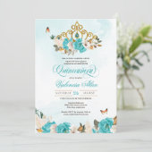 Invitation Turquoise Bleu Rose Gold Tiara Butterfly Quince (Debout devant)