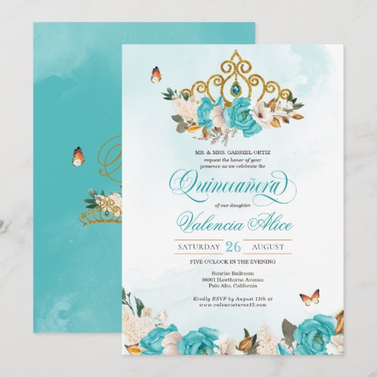 Invitation Turquoise Bleu Rose Gold Tiara Butterfly Quince (Devant / Derrière)