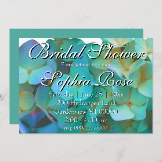 Invitation Turquoise bleu rose hydrangée Fête des mariées fle (Devant / Derrière)