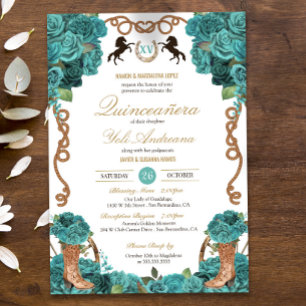 Invitation Turquoise Bleu Rose Ouest Charro Quinceanera